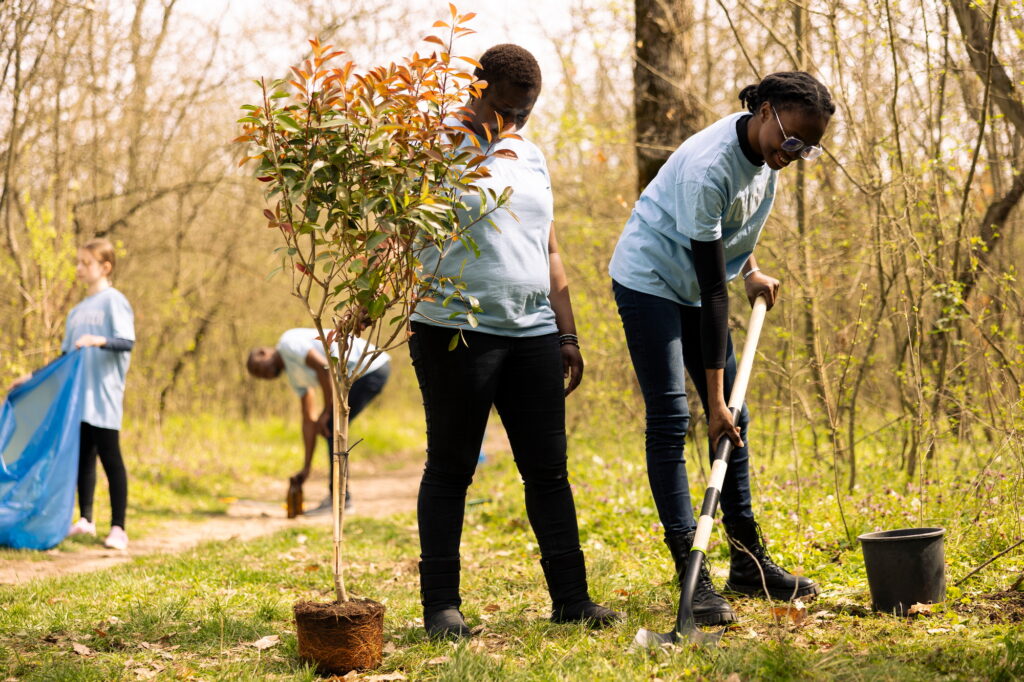 African american people digging ground with a shovel and planting tree